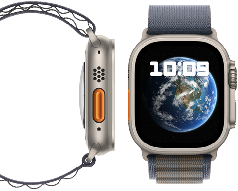 Vista frontal y lateral de un nuevo Apple Watch Ultra 2 neutro en carbono