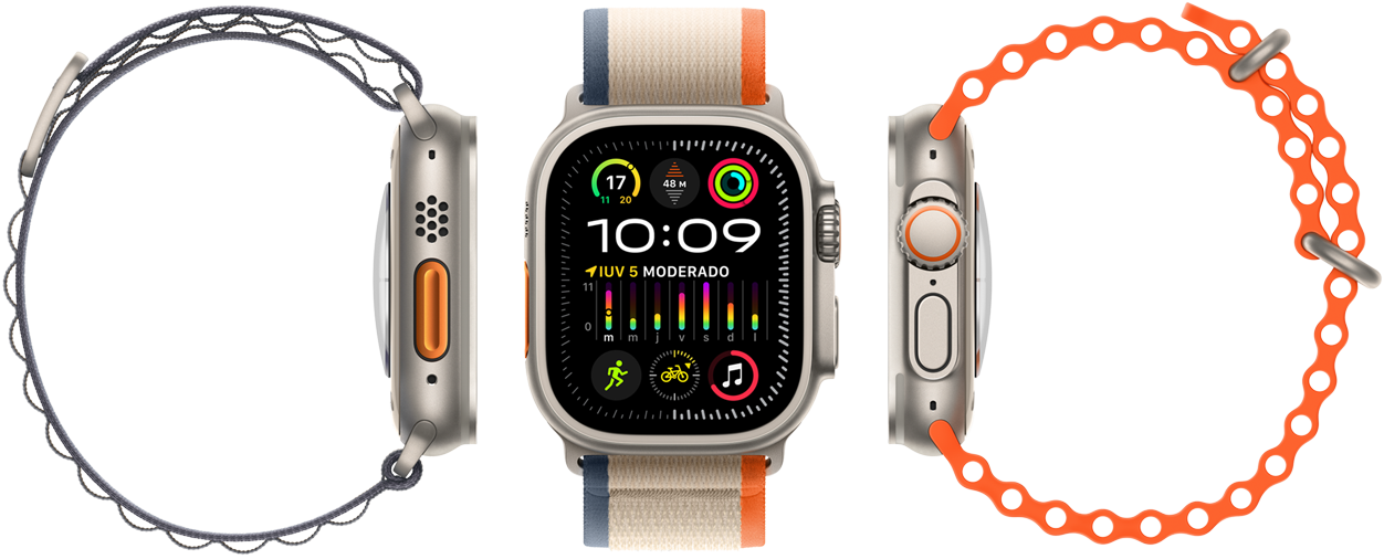 Un Apple Watch Ultra 2 que muestra tres combinaciones de correas distintas, la gran pantalla, la robusta caja de titanio, el Botón de Acción naranja y la Digital Crown