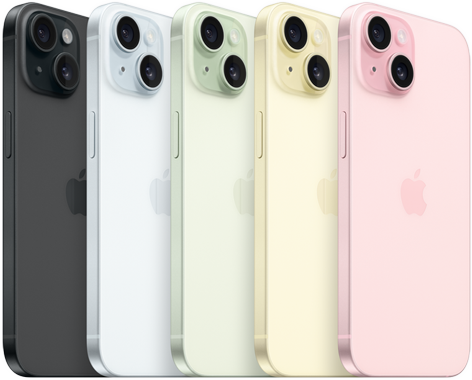 Vista posterior del iPhone 15 que muestra el sistema avanzado de cámaras y el vidrio con infusión de color en todos los acabados: negro, azul verde, amarillo y rosa.