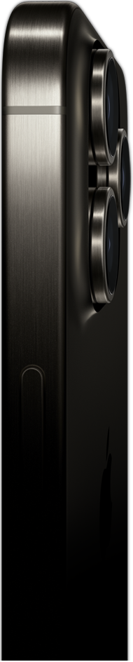Vista lateral de un iPhone 15 Pro Max con diseño de titanio que muestra el botón de encendido